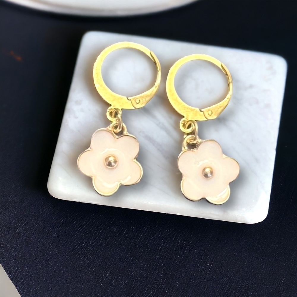 Gold Huggie Hoops with White Flowers